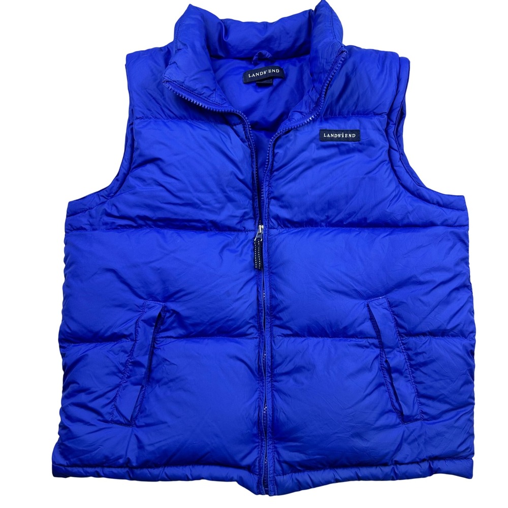 Lands End Goose Down Blue Puffer Vest‎ Size M 10-12 Zip Front Pockets Warm!